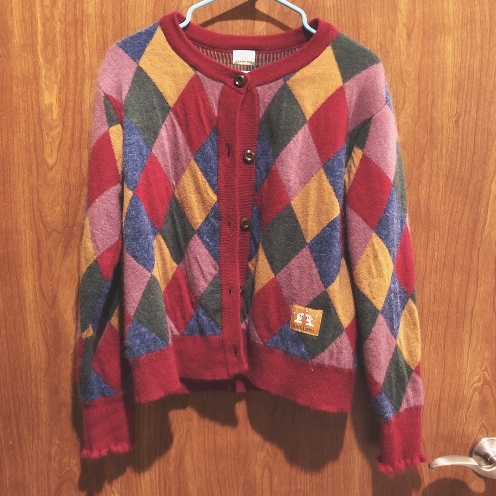 Diamond Check Rabbit Fur Infused Cardigan Sweater - Picture 4 of 7